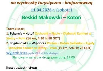 Zapraszamy na wycieczkę Beskid Makowski- Kotoń 11.04.2026 r.